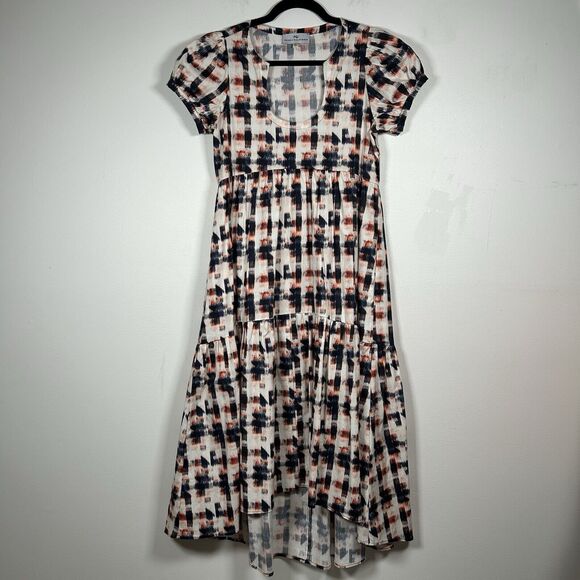 Never A Wallflower Puff Sleeve Ruffle Midi Dress Cream Geometric Women's Size XS